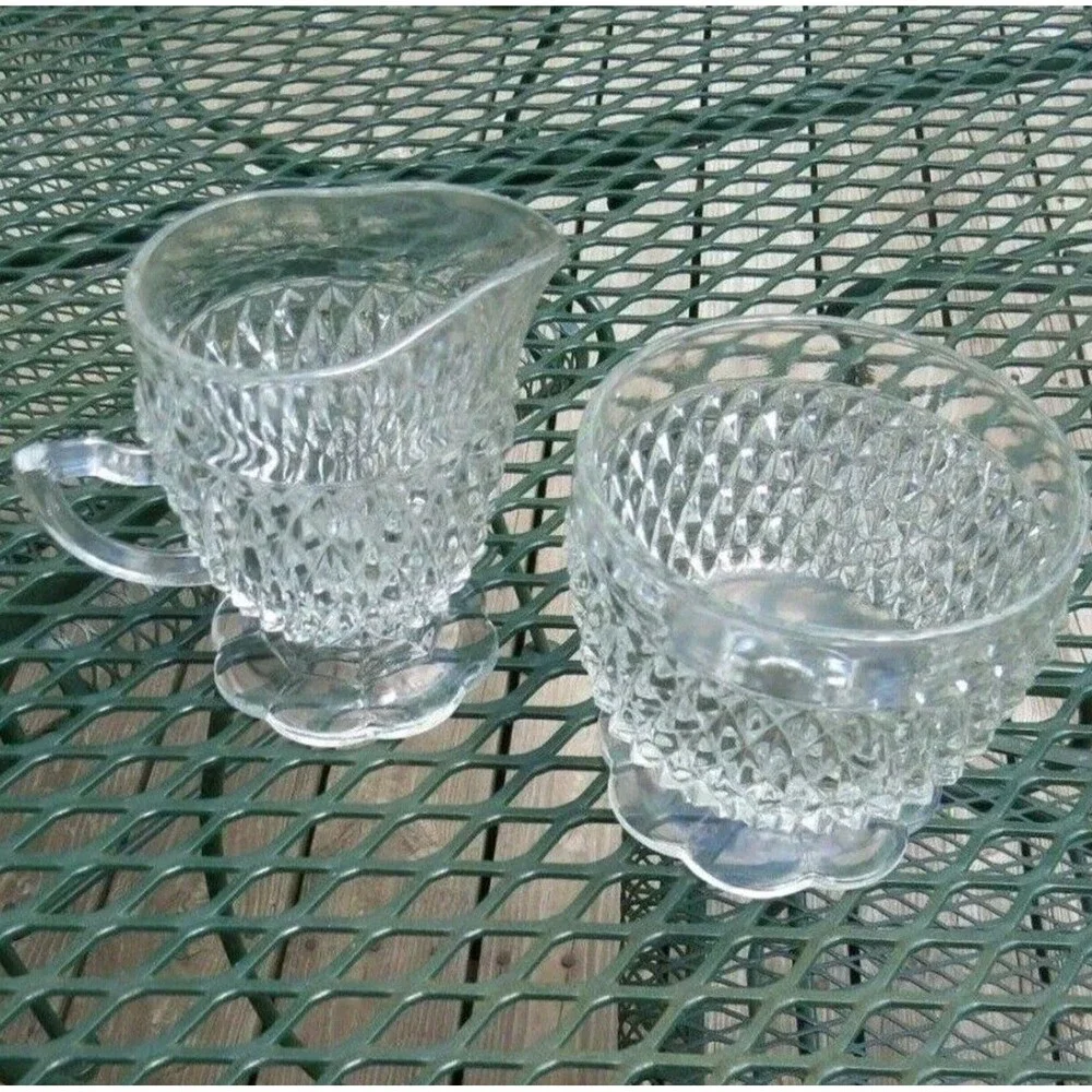 Indiana Glass Diamond Point Crystal Pressed Glass Sugar & Creamer Set Scallop